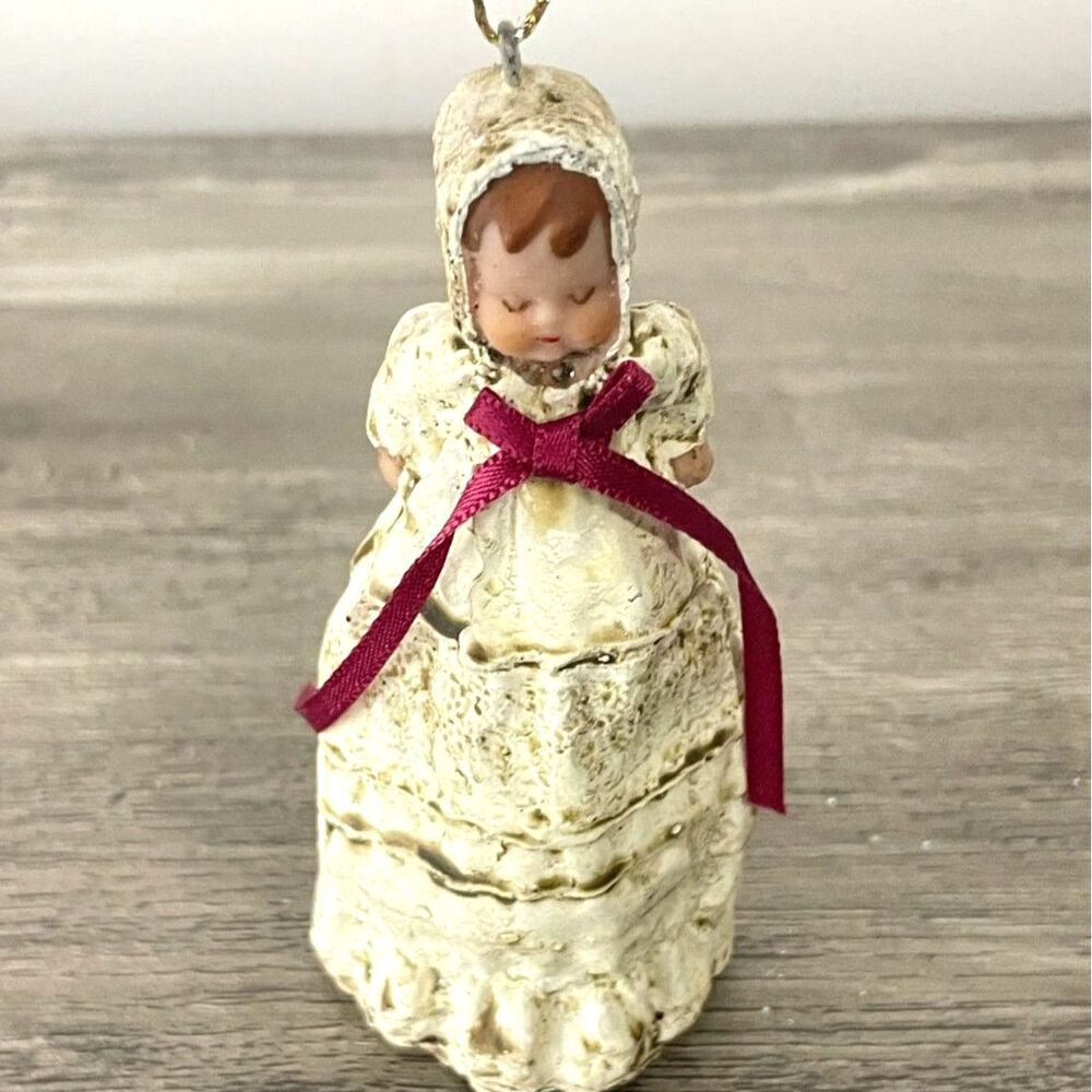 Vintage Girl Christmas Ornament Victorian Cream Dress Pink Bow 4"